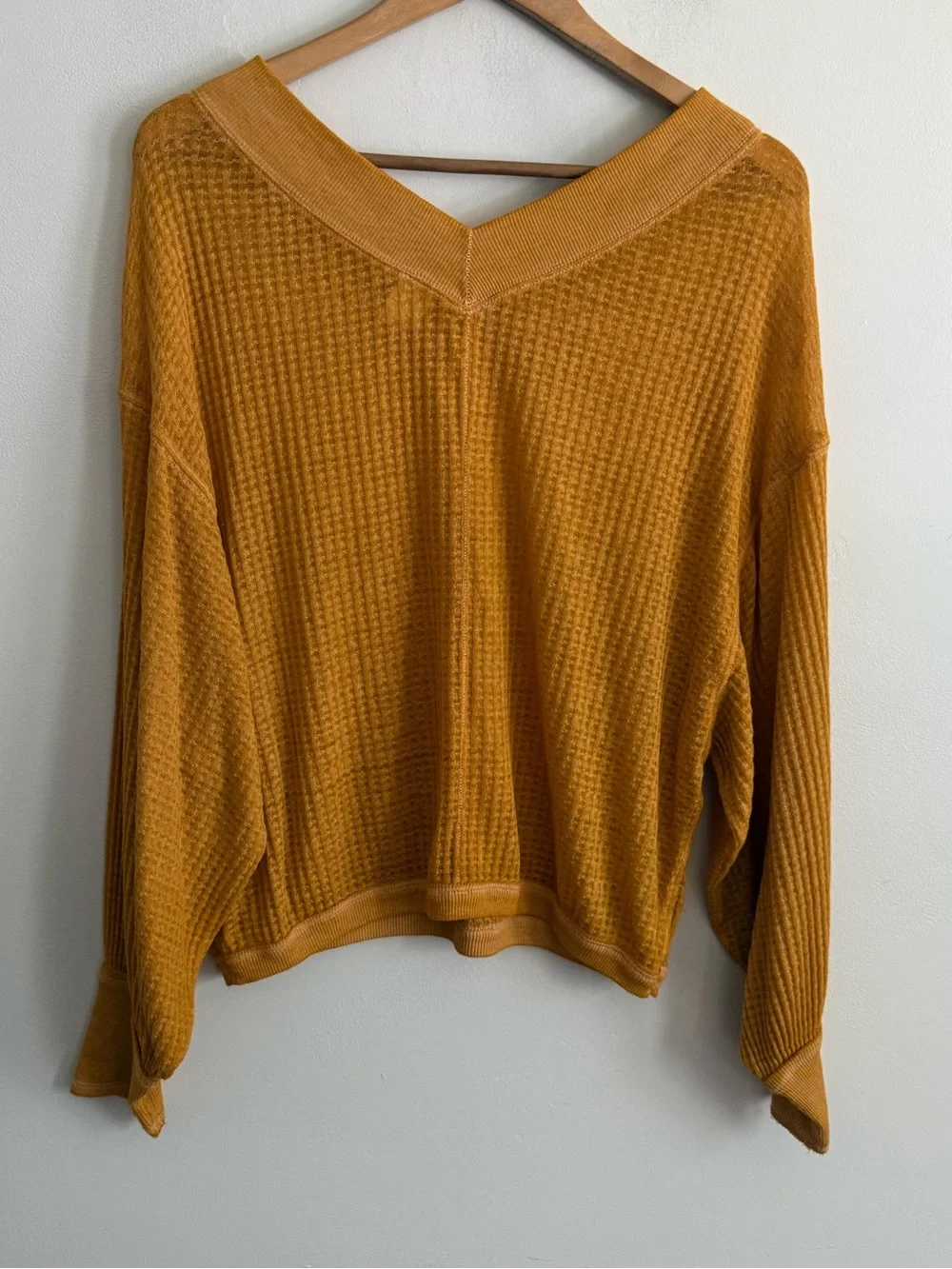 We The Free Thermal Waffle Knit Top Women’s XS Mustard V Neck Oversized Boho